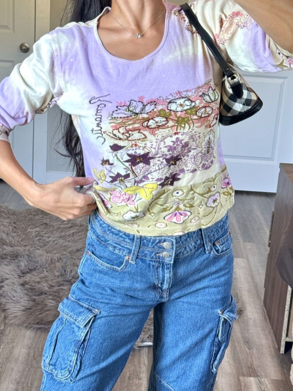Y2K 2000s Romantic Floral Beaded 3/4 Long Sleeve Womens S Fairy Tie Dye Coquette